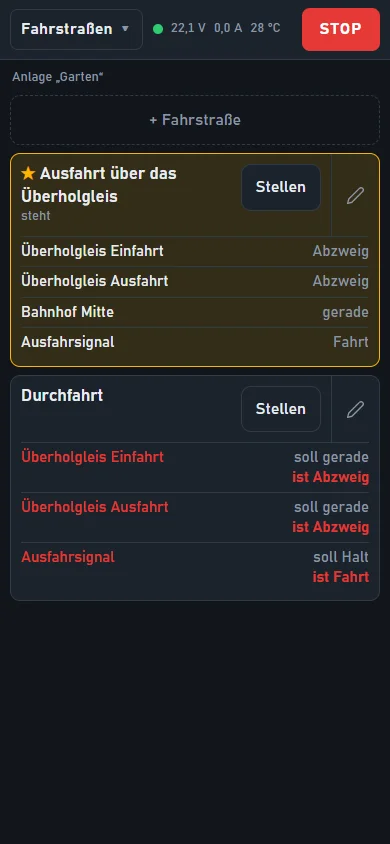 Die Seite „Fahrstraßen“: Die Ausfahrt über das Überholgleis steht; bei der Durchfahrt nennt jede Weiche, die anders steht, Soll und Ist