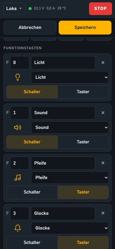 Die Funktionstasten einer Lok: je Taste Nummer, Bezeichnung, Symbol und Schalter oder Taster