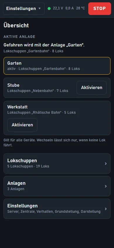Die Übersicht: oben die aktive Anlage, darunter die Wege zu Lokschuppen, Anlagen und Einstellungen